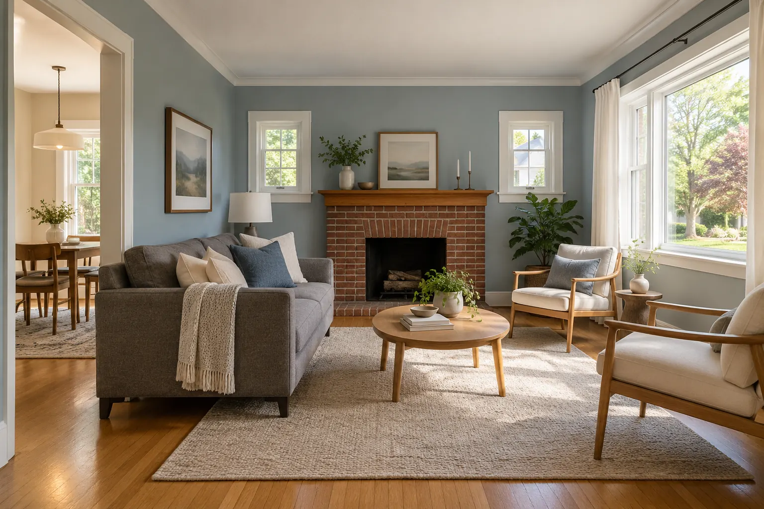Bright living room with a brick fireplace in a Palatine, IL home
