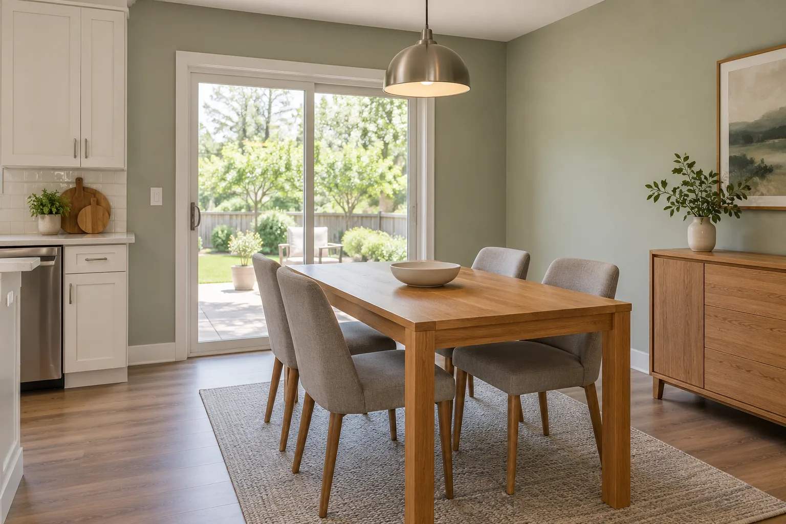Dining area with a glass door to the backyard in a Palatine, IL home