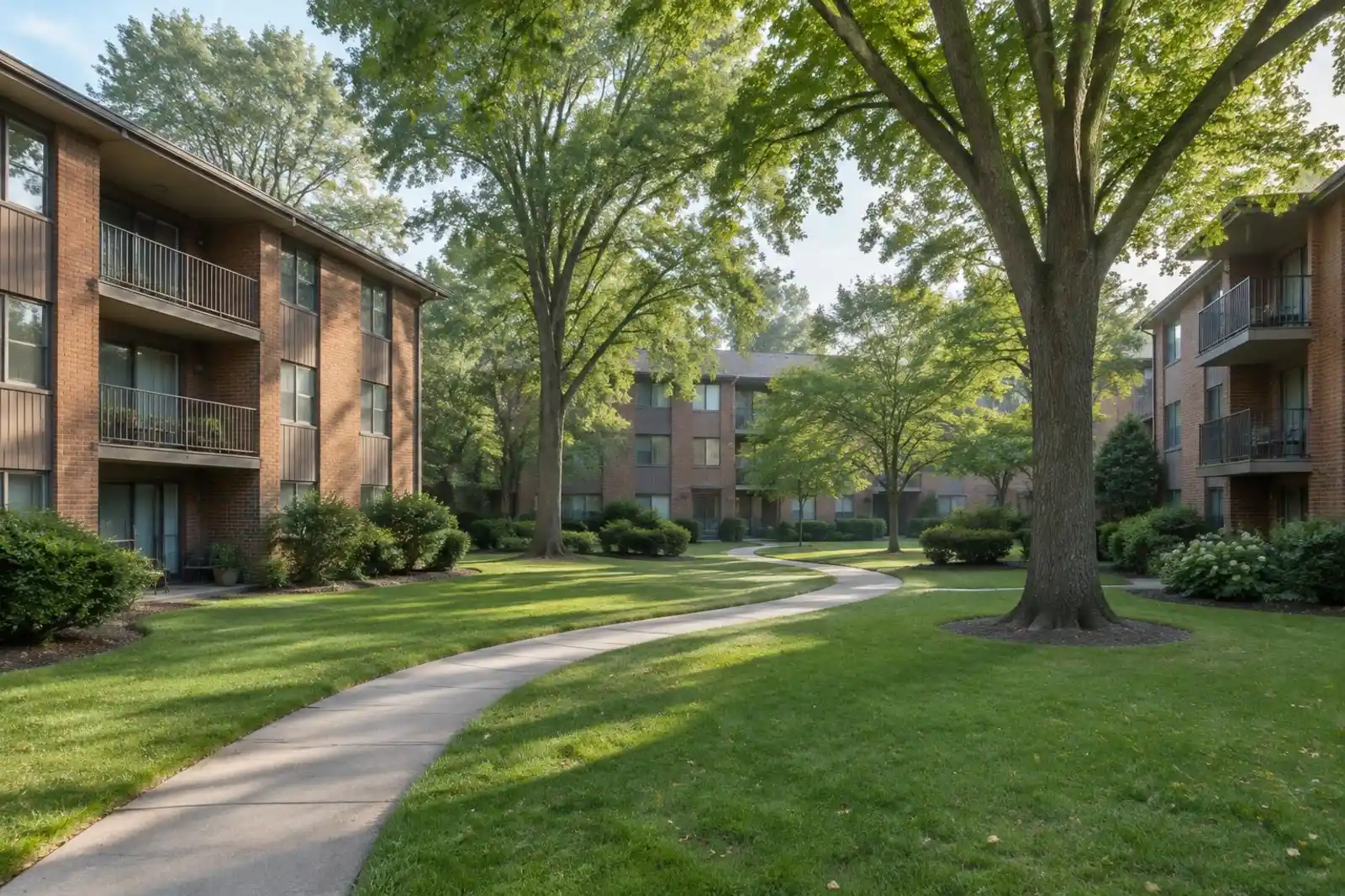 Three-story 1970s condo buildings at Windhaven in Palatine, IL